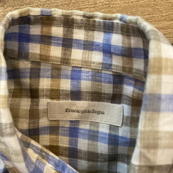 Ermenegildo Zegna Shirt Mens 100% Linen Long Sleeve Designer Italy plaid - Picture 2 of 8